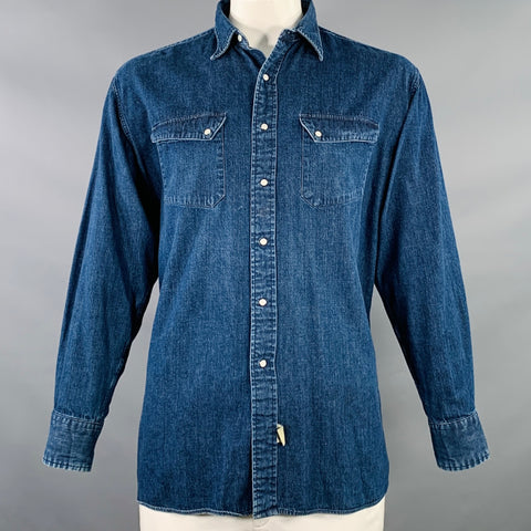 RRL by RALPH LAUREN Taille L Chemise Western à Manches Longues en Coton Selvedge Délavé Indigo à Boutons Pression et Deux Poches