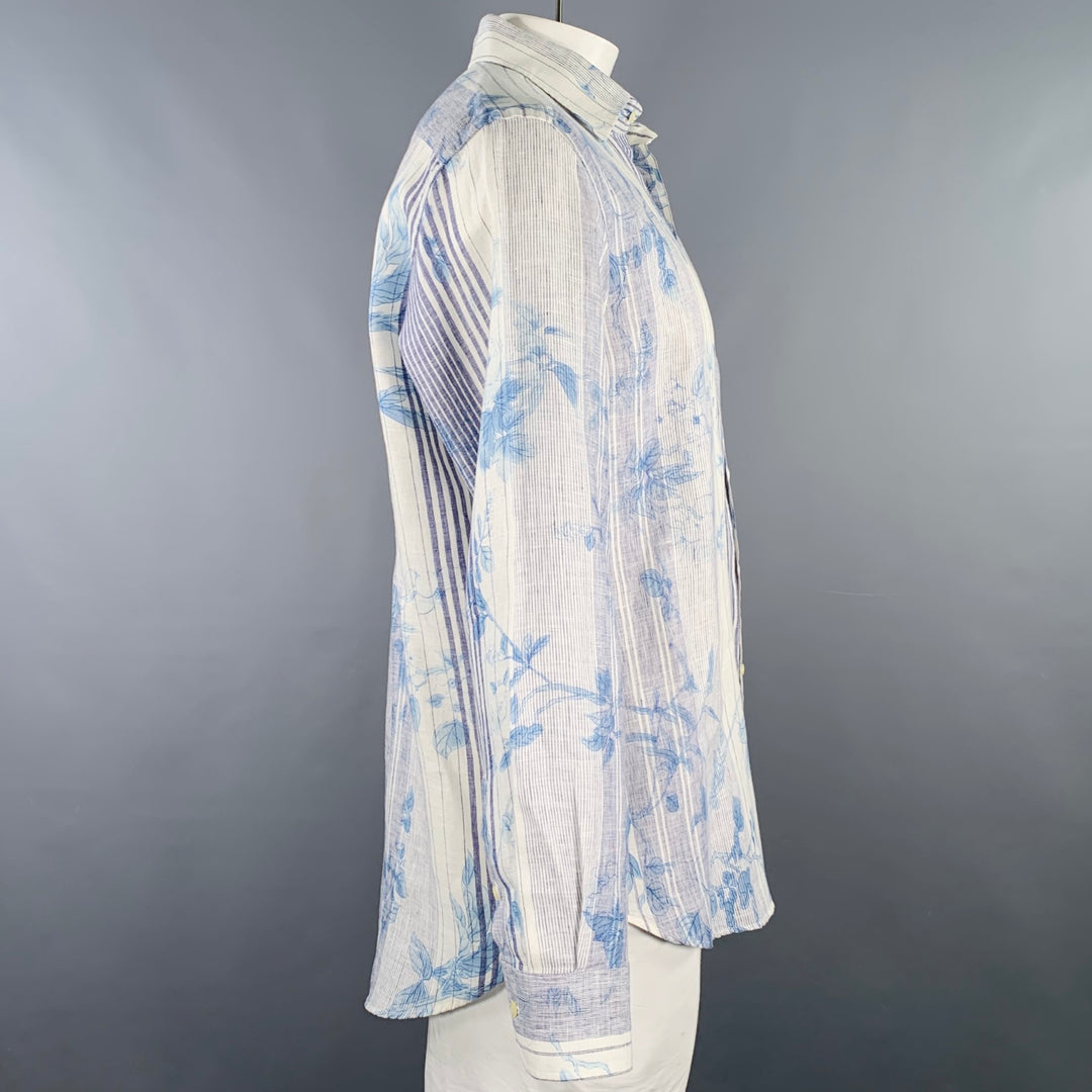 ETRO Size XXL White Blue Floral Linen Curved Cutaway Long Sleeve Shirt