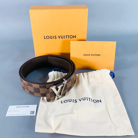 LOUIS VUITTON  Size 38 LV Initiales Brown Beige Checkered Coated Canvas Belt