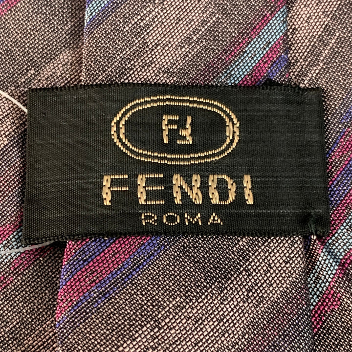 FENDI One Size Purple Taupe Diagonal Stripe Silk Tie