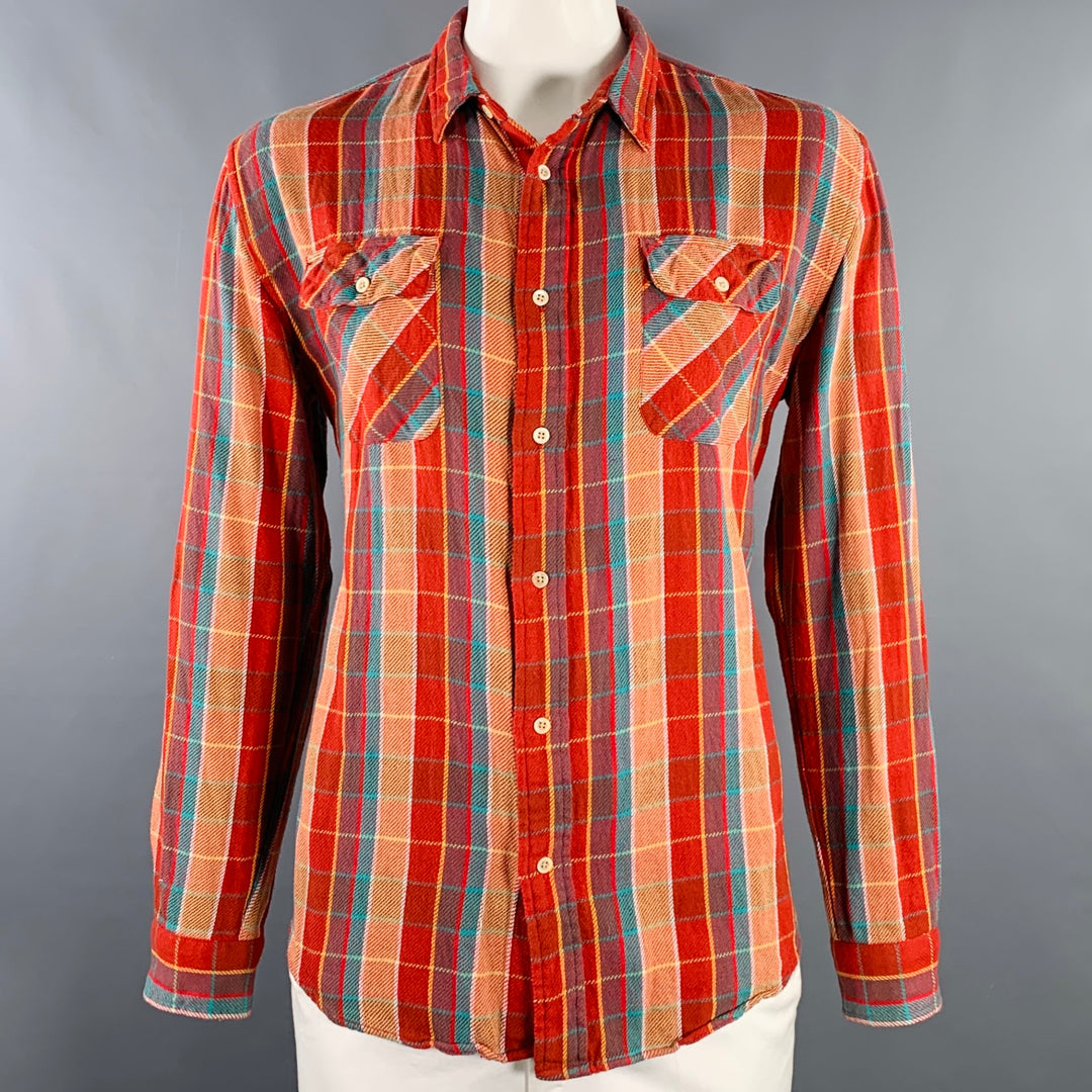 LEVI'S VINTAGE CLOTHING Size XL Red Orange Blue Plaid Cotton Long Sleeve Shirt