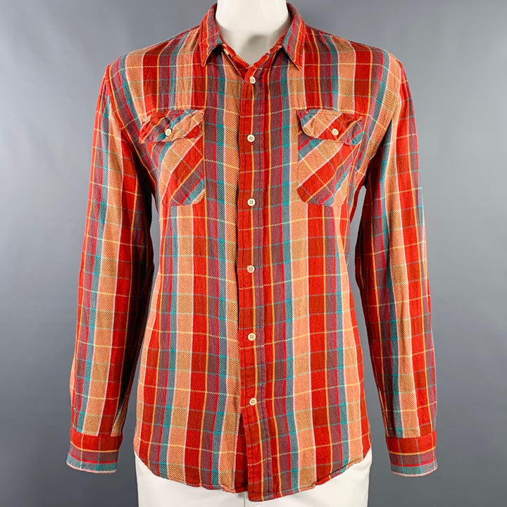 LEVI'S VINTAGE CLOTHING Size XL Red Orange Blue Plaid Cotton Long Sleeve Shirt