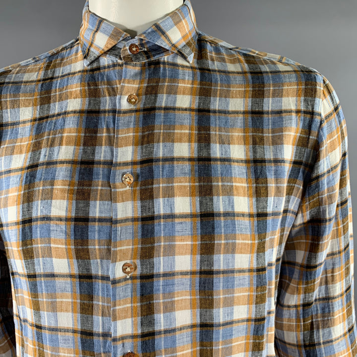 Chemise à manches longues BORRIELLO en lin à col italien à carreaux bleu, orange et blanc, taille XL