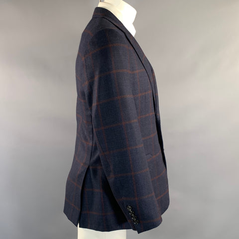 CANALI Chest Size 40 Navy Burgundy Window Pane Wool & Cashmere Sport Coat