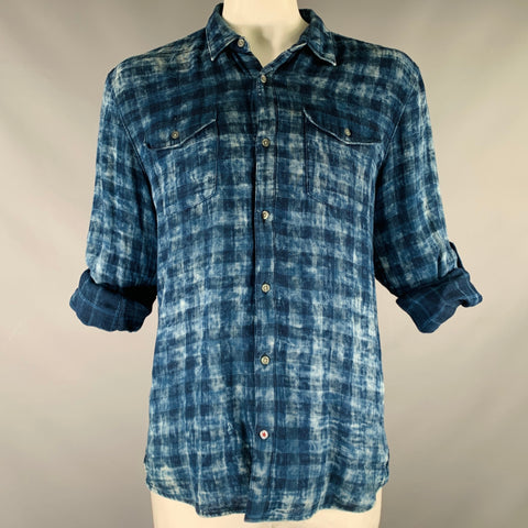 JOHN VARVATOS * U.S.A. Size XL Navy Blue Checkered Cotton Long Sleeve Shirt