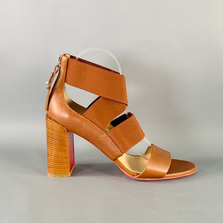 CHRISTIAN LOUBOUTIN Size 9.5 Patrouille Brown Leather Elastic Straps Block Heel Sandals