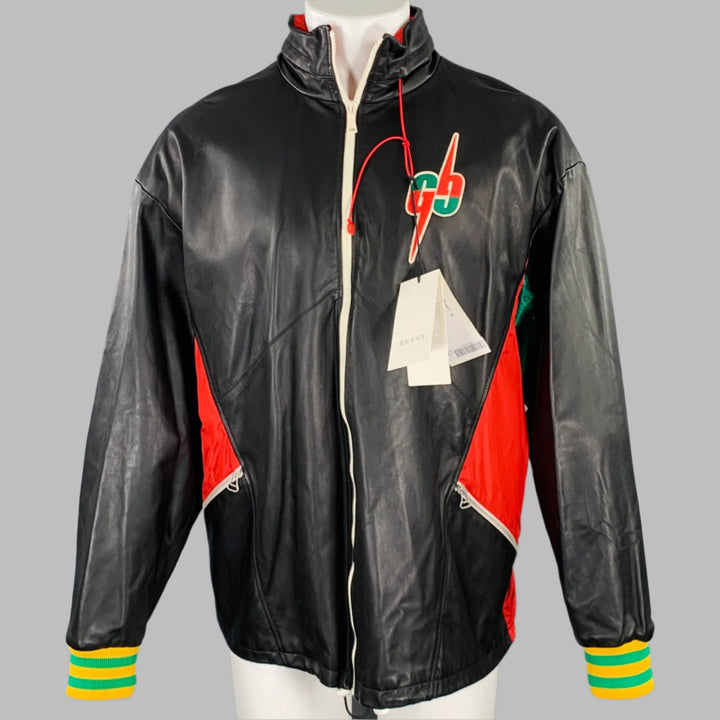 GUCCI Size 36 Black Red Color Block Lambskin Leather Varsity Jacket