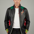 Black jacket with red and green accents on a gray background