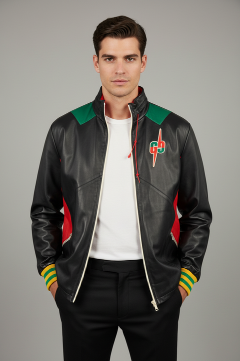 Black jacket with red and green accents on a gray background