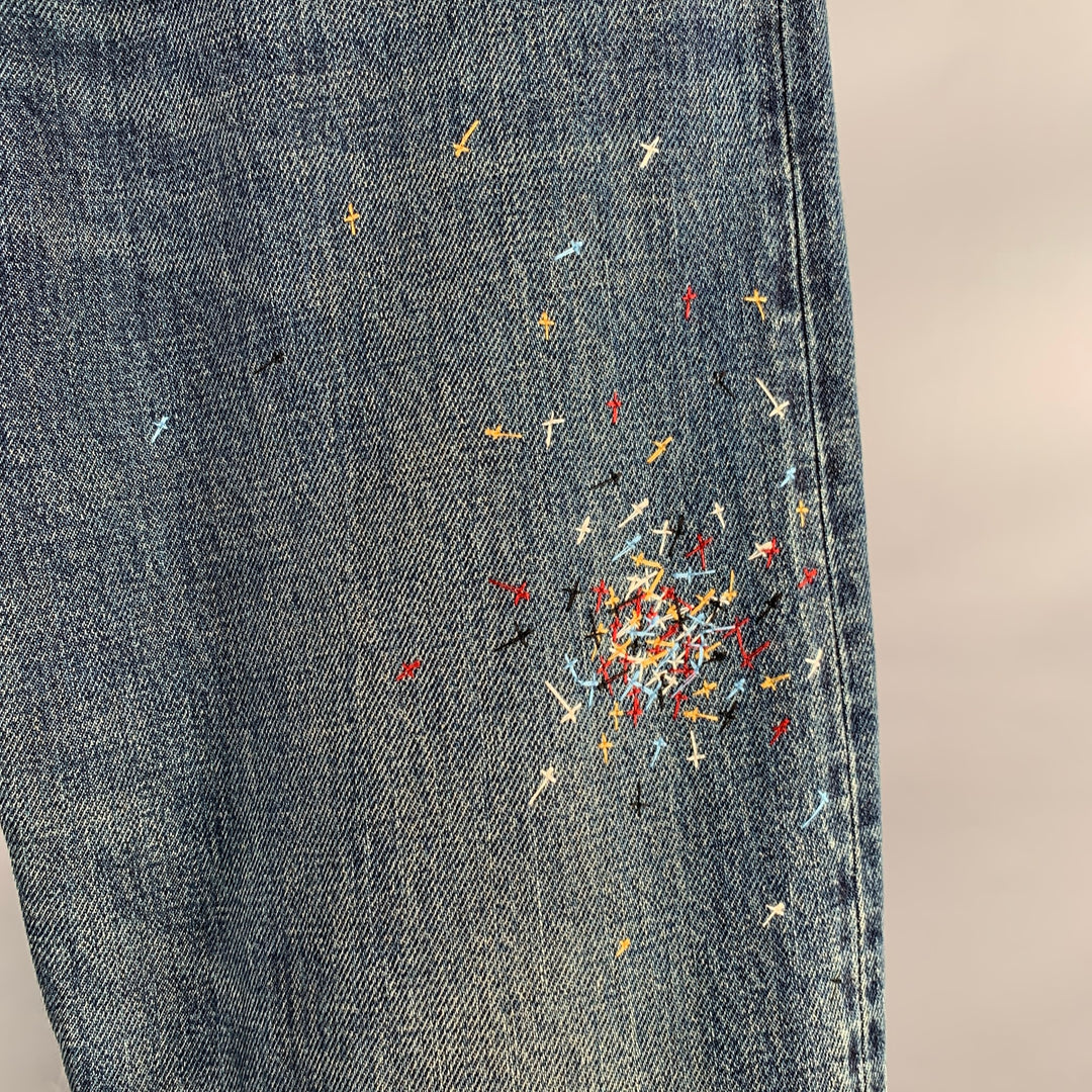 UNDERCOVER Size 30 Blue Multi Color Embroidery Cotton Relaxed Drop Crotch Jeans