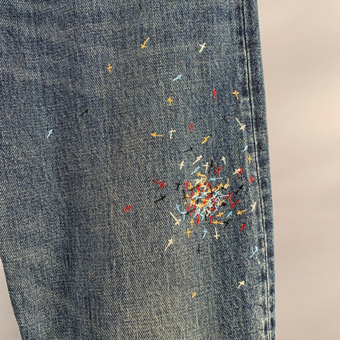 UNDERCOVER Size 30 Blue Multi Color Embroidery Cotton Relaxed Drop Crotch Jeans