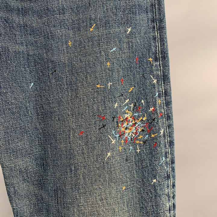 UNDERCOVER Size 30 Blue Multi Color Embroidery Cotton Relaxed Drop Crotch Jeans