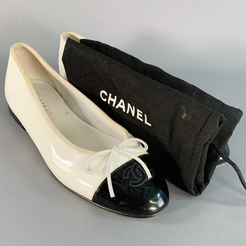 CHANEL Size 9 White Black Color Block Patent Leather Ballet Bow Flats