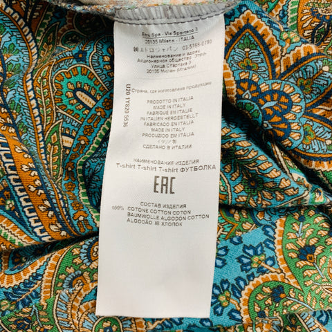 ETRO Size S Blue Orange Paisley Cotton Crew Neck T-shirt