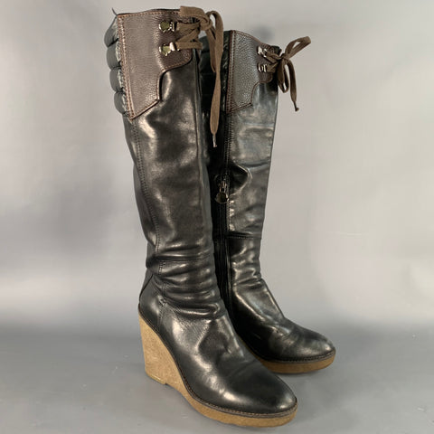 MONCLER Size 10 Black Brown Leather Knee High Crepe Sole Wedge Boots