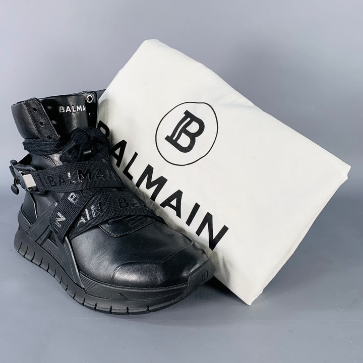 BALMAIN Size 9 B-Troop Black Leather High Top Webbing Sneakers