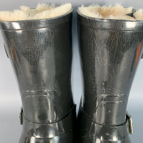 BURBERRY Size 10 Black Rubber Shearling Lined Rain Boots
