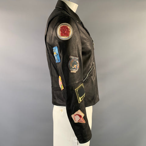 LOEWE Size 40 Black Applique Leather Biker Jacket