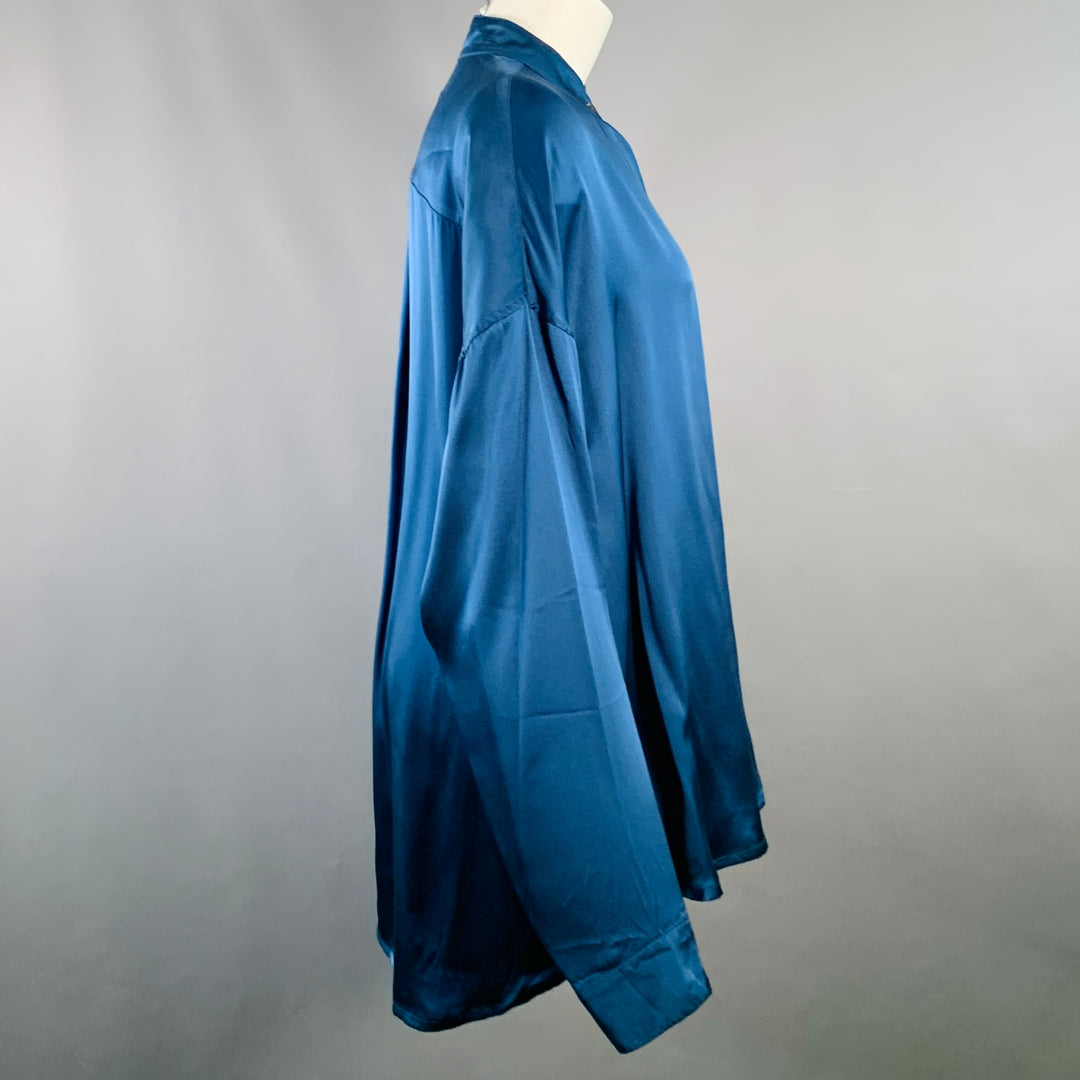 HAIDER ACKERMANN Size S Teal Silk Satin Nehru Collar Hidden Buttons Shirt