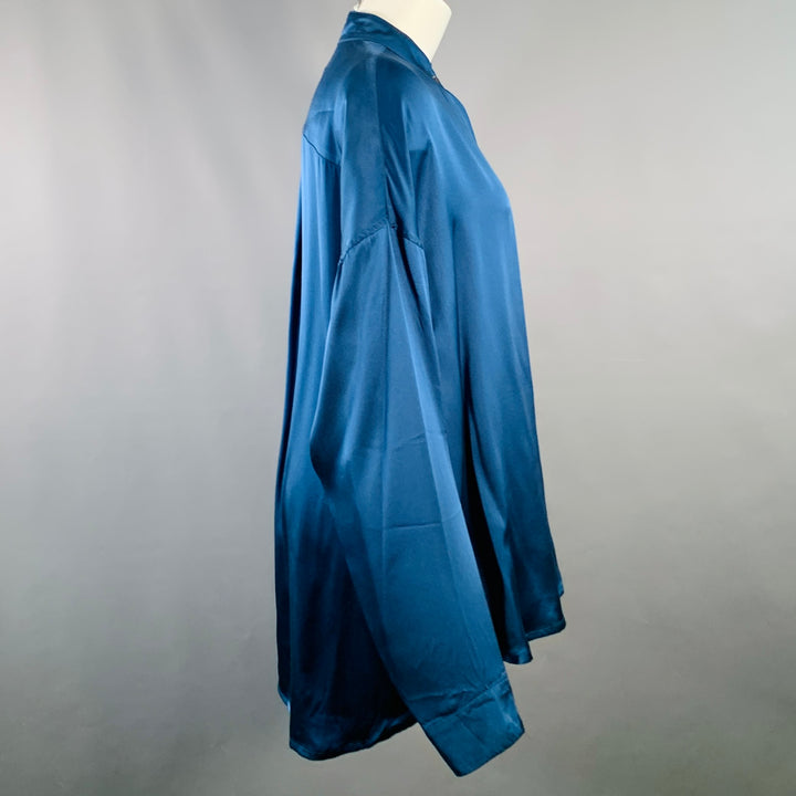 HAIDER ACKERMANN Size S Teal Silk Satin Nehru Collar Hidden Buttons Shirt