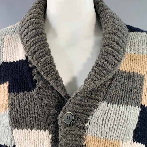 Gilet BARENA Col Châle en Laine Vierge Patchwork Gris Fauve Marron Taille XL