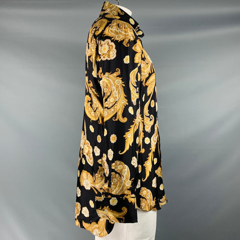 BILLIONAIRE COUTURE Size XL Black Gold Paisley Silk Long Sleeve Shirt