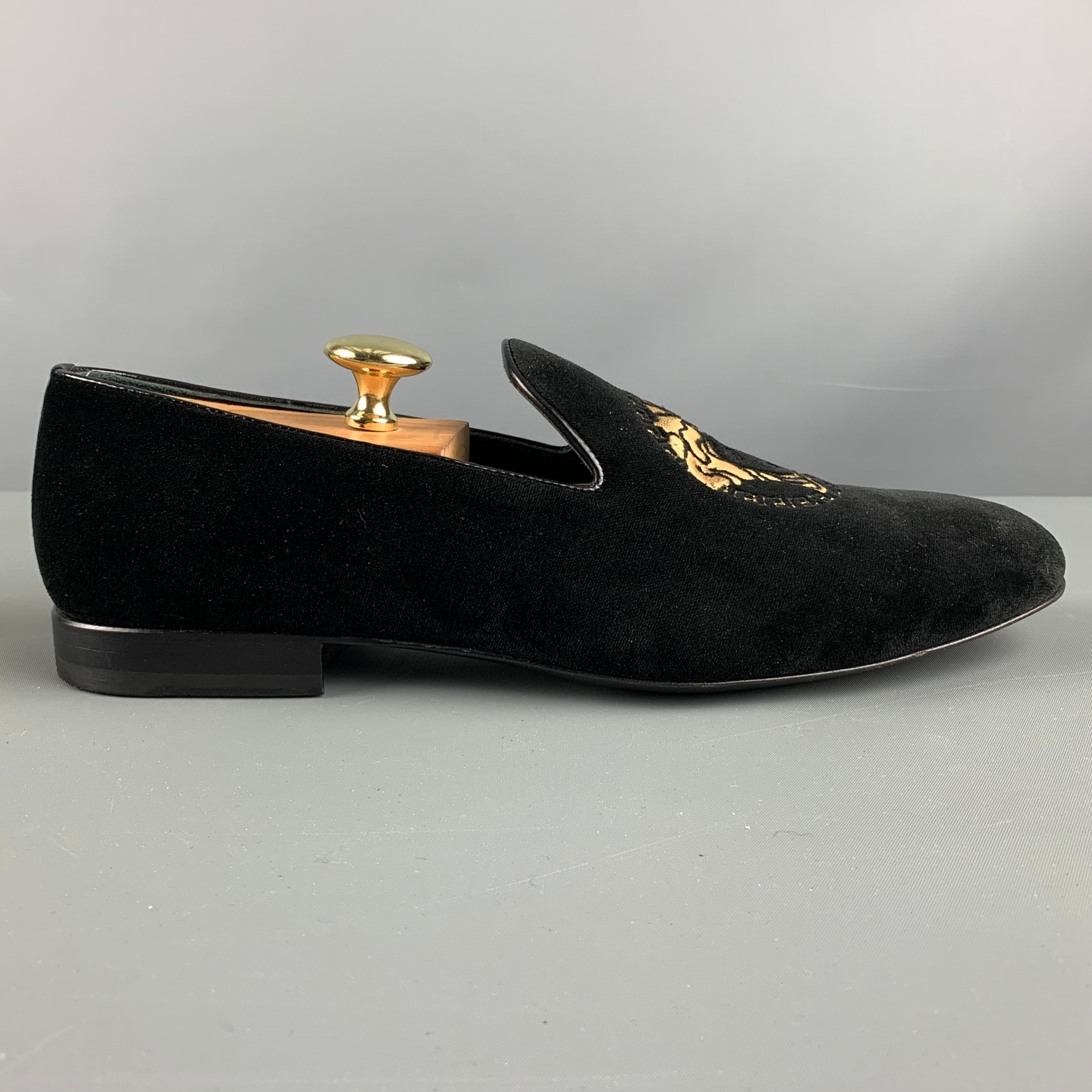 VERSACE Size 9 Black Gold Embroidery Velvet Slip On Loafers Sui Generis Designer Consignment