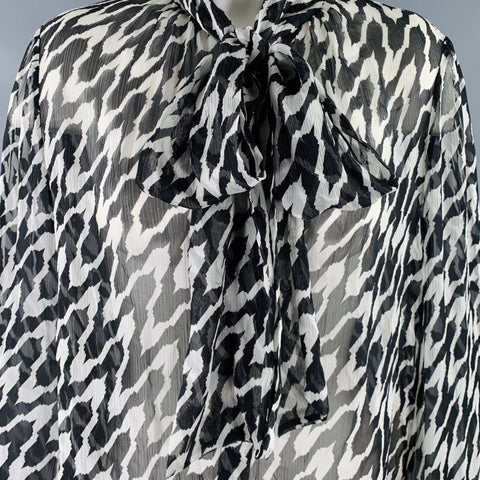 DIANE VON FURSTENBERG Size S Black White Silk Chiffon Marbled Pussybow Blouse