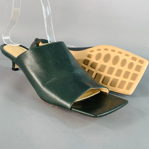 BOTTEGA VENETA Size 9.5 Green Leather Square Toe Kitten Heel Mules Sandals