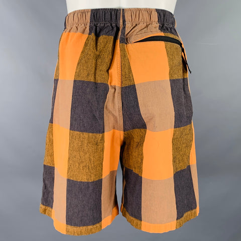 KAPITAL Size M Orange Black Checkered Cotton Linen Drawstring Shorts