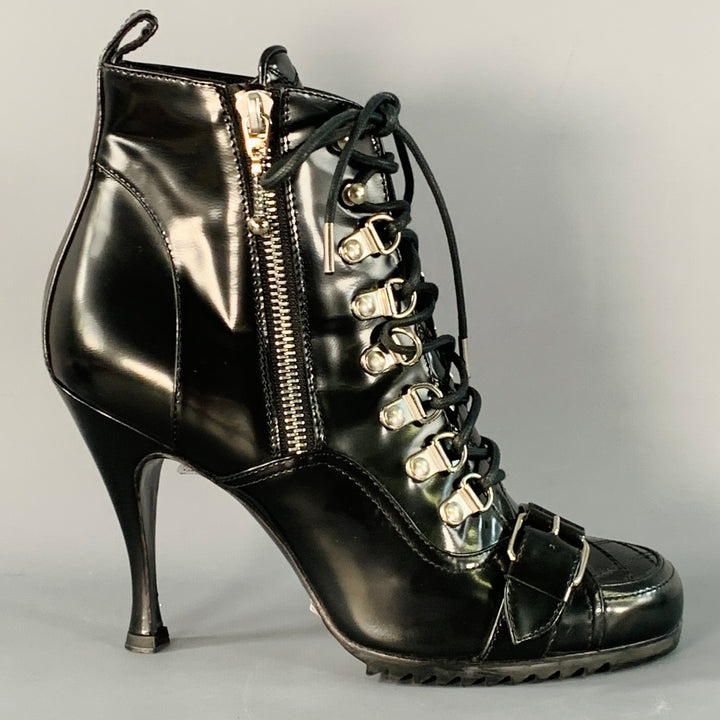 BALENCIAGA Size 7 Black Patent Leather Lace-Up Zipper Stiletto Boots
