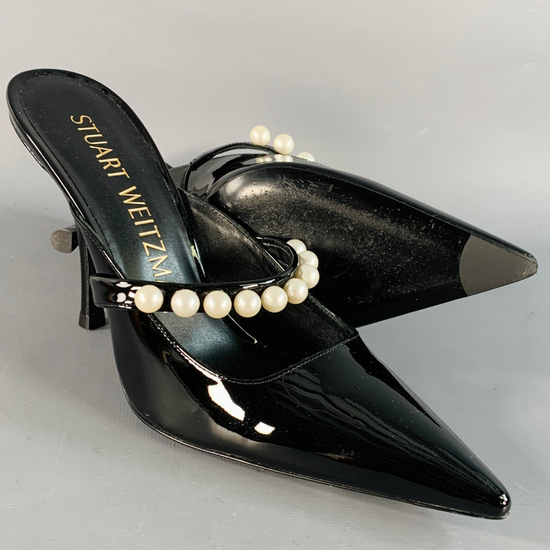STUART WEITZMAN Size 7.5 Black Patent Leather Faux Pearl Pointed Toe Pumps
