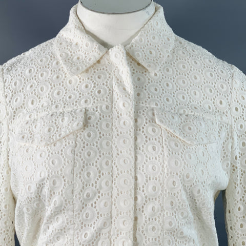 ANNE FONTAINE Size L Ugoline White Cotton Eyelet Hidden Zipper Trucker Jacket