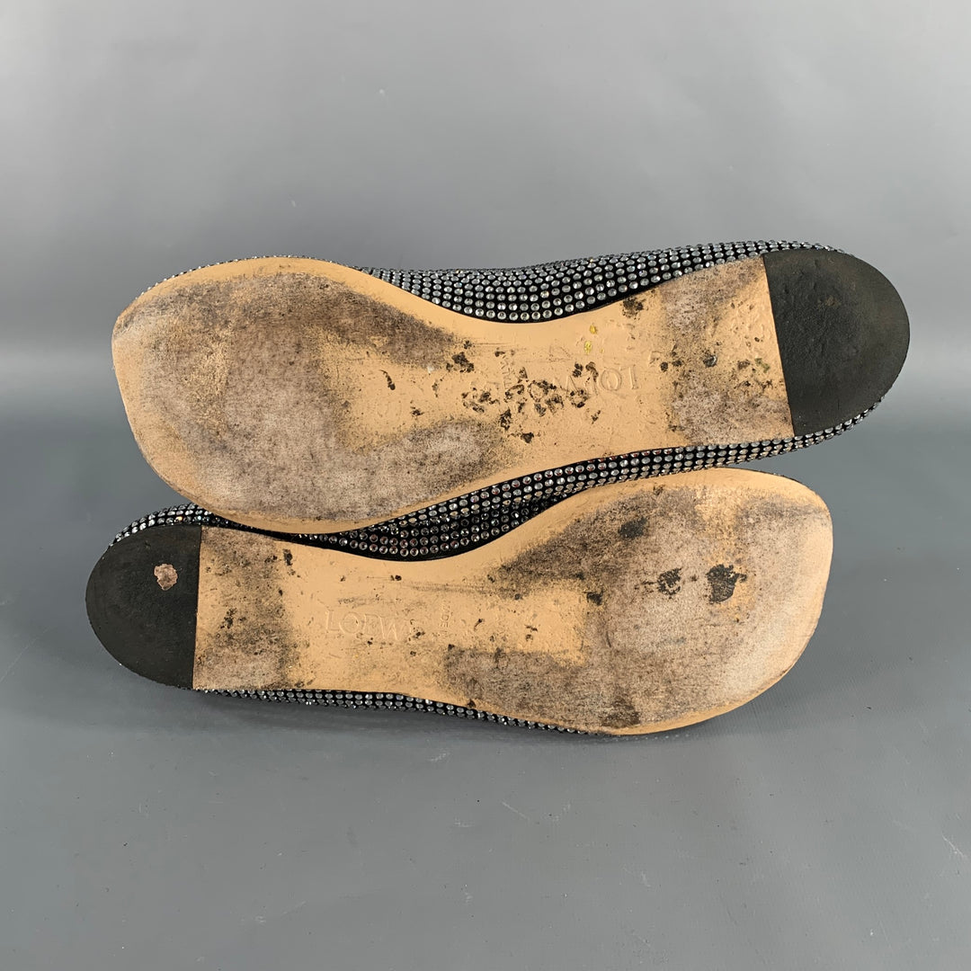 LOEWE Size 11 Silver Black Rhinestone Studded Ballet Flats