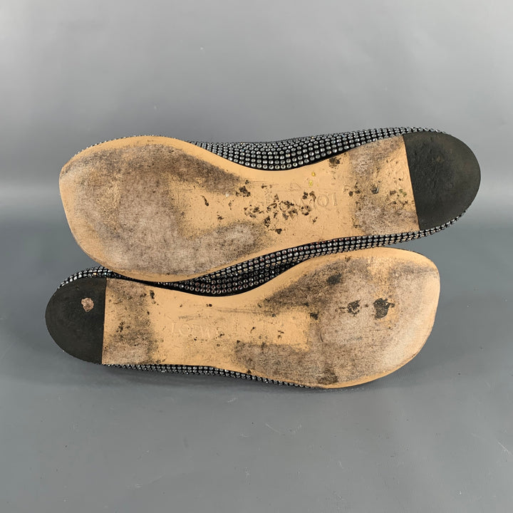 LOEWE Size 11 Silver Black Rhinestone Studded Ballet Flats