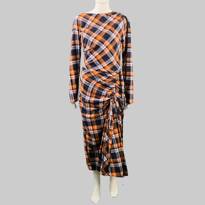 N°21 Size 4 Orange Black White Cotton Plaid Asymmetrical Ruched Maxi Dress