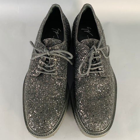 GIUSEPPE ZANOTTI Size 8 Black Glitter Leather Derby Lace-Up Shoes