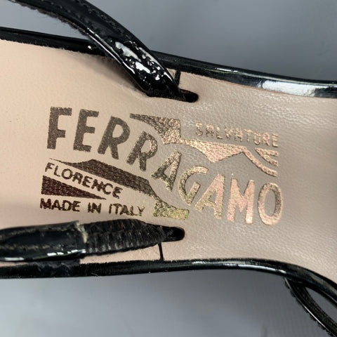 SALVATORE FERRAGAMO Size 8.5 Black Patent Leather Slingback Sandals