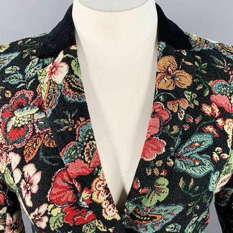 ANNE FONTAINE Size 10 Saskia Black Multi Color Floral Jacquard Velvet Trim Jacket Blazer