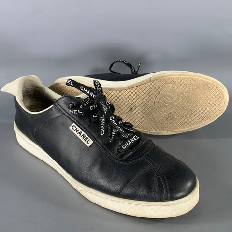 CHANEL Size 9 Black White Solid Leather Vulcanized sole Sneakers