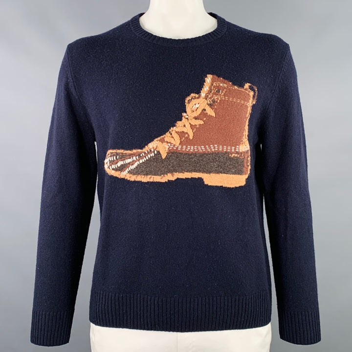 TODD SNYDER Size L Navy Brown Embroidery Merino Wool Boot Sweater