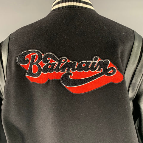 BALMAIN Size 40 Black Red White Patch Wool Faux Leather Varsity Jacket