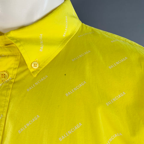BALENCIAGA Size M Yellow White Logo Cotton Button Down Collar One Pocket Oversized Short Sleeve Shirt