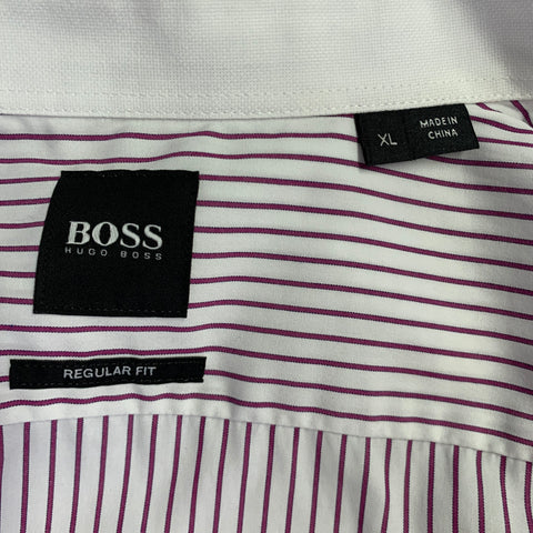 HUGO BOSS Size XL White Purple Stripe Cotton Long Sleeve Shirt