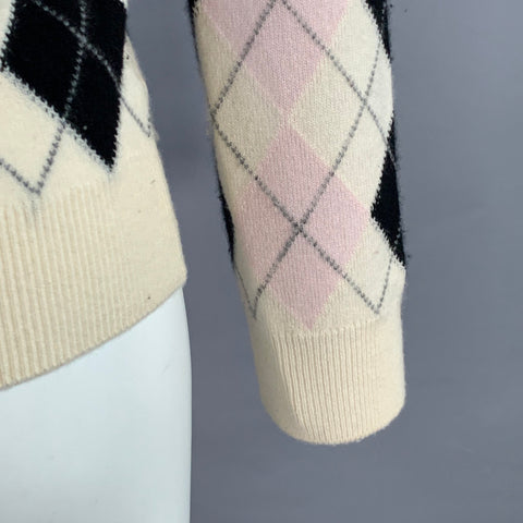 PRINGLE Taille S Crème Rose Noir Cachemire Cardigan Col V motif Argyle