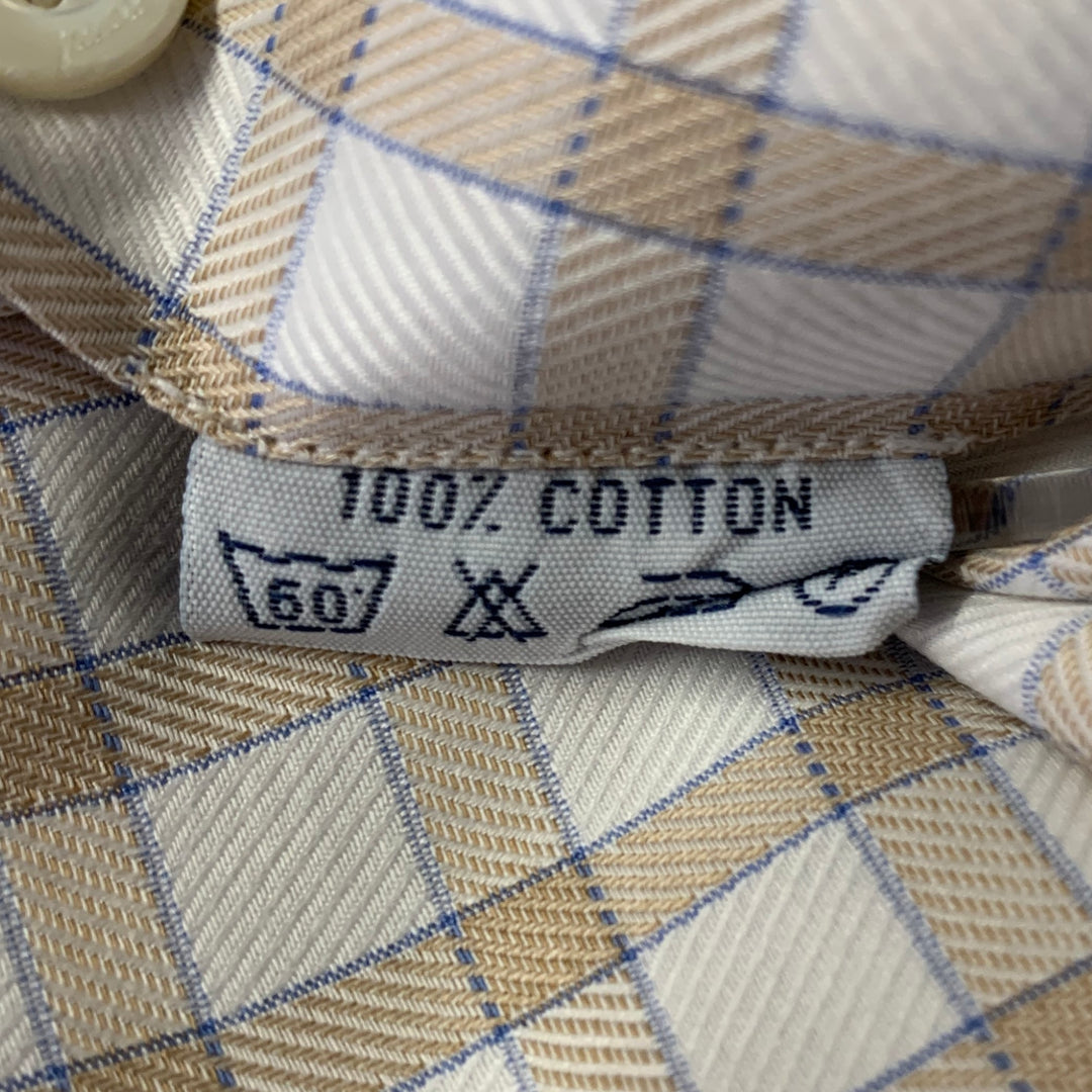 BRIONI Size L White Blue Tan Gingham Cotton Pointed Long Sleeve Shirt
