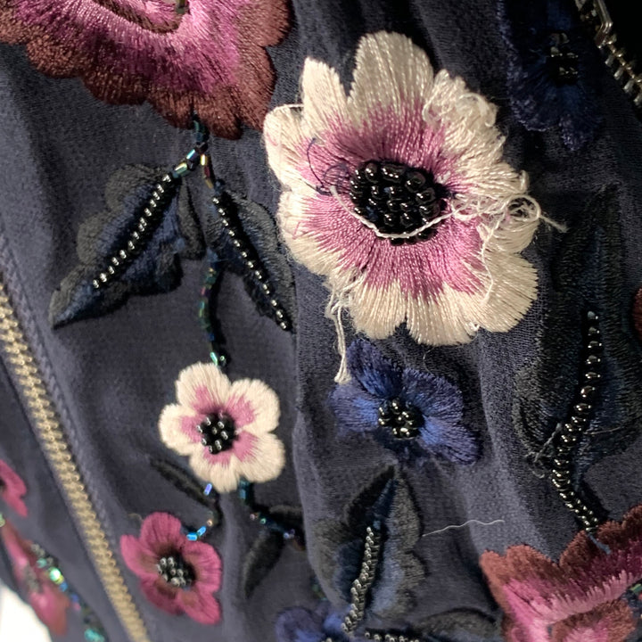 NEEDLE AND THREAD Size 4 Navy Burgundy White Embroidered Floral Bomber Jacket