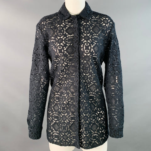SEZANE Size 4 Black Cotton Blend Lace Spread Collar Hidden Buttons Shirt