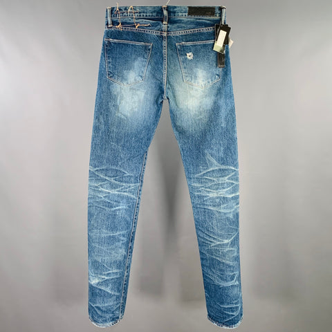 KURO Size 29 Graphite Blue Contrast Stitch Cotton Distressed Selvedge Jeans