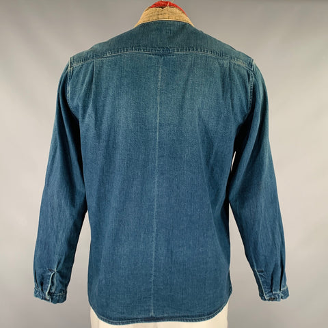 KOUNTRY Size XL Blue Tan Patch Cotton Blend Embroidered Cardigan